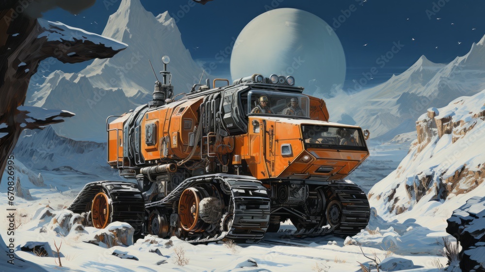 A monstrous orange beast rumbles through the winter wonderland, leaving a trail of powdered snow behind as it climbs the rugged mountain, its metal body reflecting the crisp blue sky above