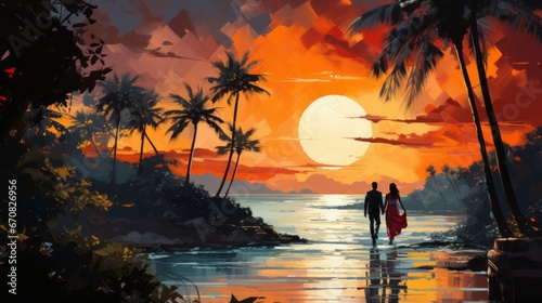 A couple strolls hand in hand on a sandy shore, basking in the fiery hues of the sky as the tranquil ocean and swaying palms create a dreamy backdrop for their romantic escape © Envision