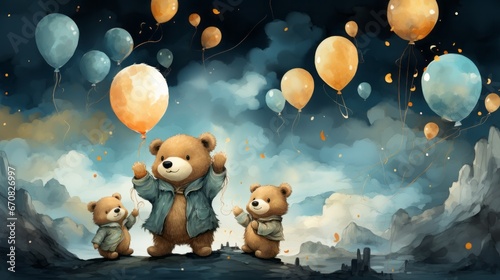 A playful and whimsical scene featuring a group of cuddly teddy bears holding colorful balloons, evoking feelings of joy and nostalgia through its charming cartoon style