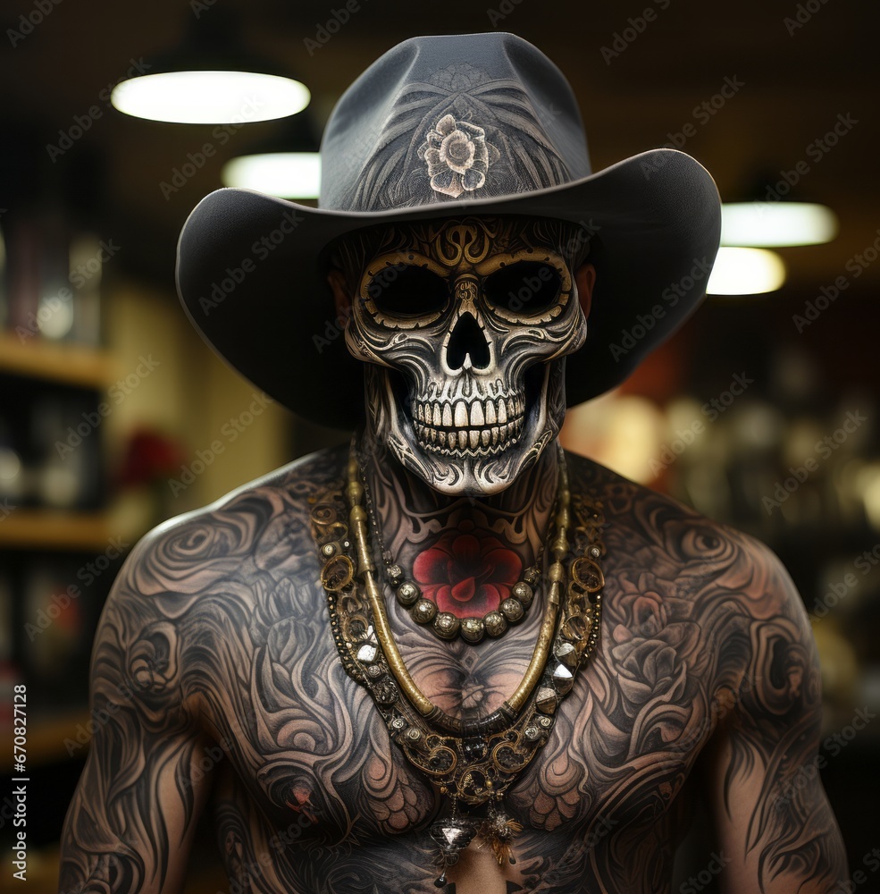 Fototapeta premium A daring man in a skull-mask and cowboy hat exudes a mysterious energy, his clothing and tattooed skin speaking volumes as he stands indoors, ready to take on the world