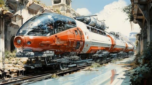 A majestic locomotive speeds through the open sky, gliding effortlessly along the railway tracks, a symbol of powerful transport and the unyielding connection between ground and sky