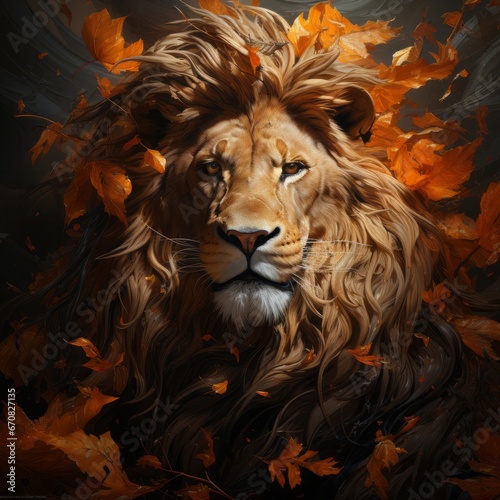 A majestic lion, its golden mane blending with the vibrant foliage, gazes boldly from within a masterfully painted jungle scene © Envision