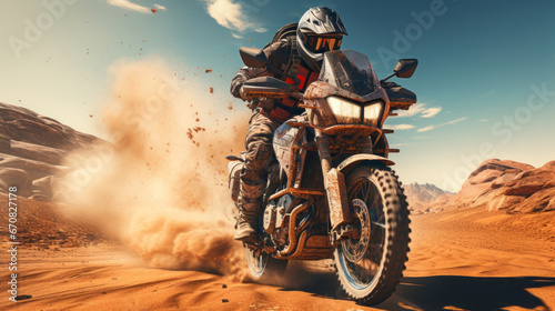 A lone rider conquering the rugged terrain, with dust flying and tires gripping desert soil, their helmet gleaming under the endless sky as they navigate their motorcycle through untamed mountains