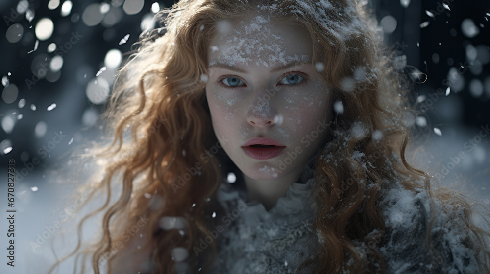 A wild and fluid portrait of a woman with snow on her face, standing outdoors in the winter, her reflection shimmering in the water, evoking a sense of solitude and serenity A wild and fluid portrait of a woman with snow on her face, standing outdoors in the winter, her reflection shimmering in the water, evoking a sense of solitude and serenity