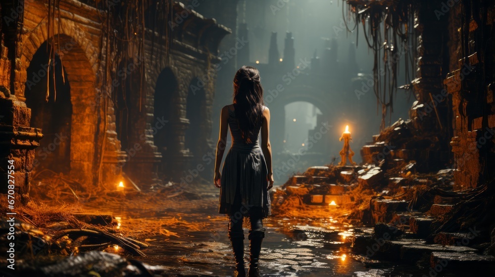 Clothed in darkness and determination, a woman stands amidst the rubble of a once majestic building, her presence a haunting reminder of the desolation of the night