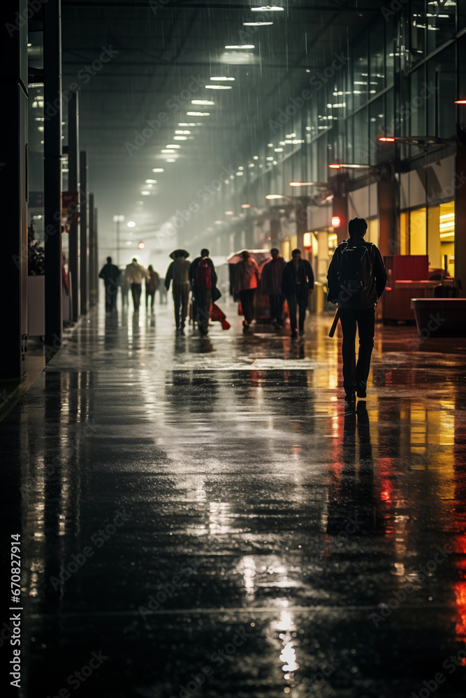 Crowd of people - night city in the rain