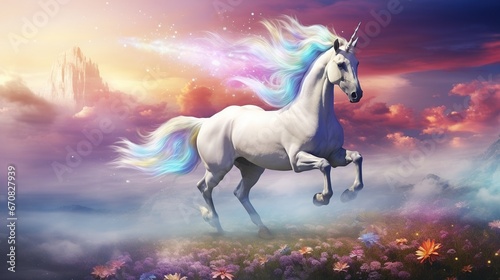 Realistic magical, mythical winged pegasus unicorn horse fantasy background. AI generated image © saifur