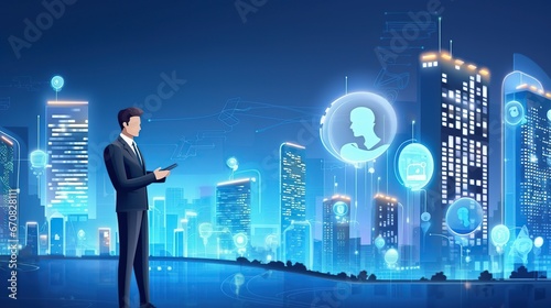 Rendering cartoon businessman on smart city connecting technology. AI generated