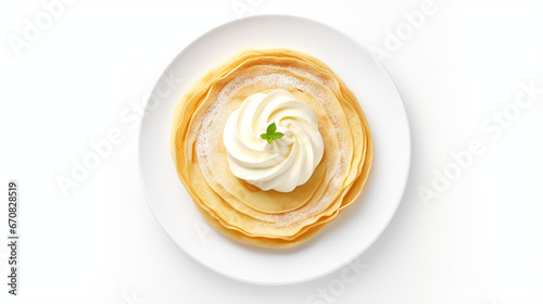 Fragrant cream Crepe with white background and spotlight for advertise and presentation in top view. Created using generative AI.