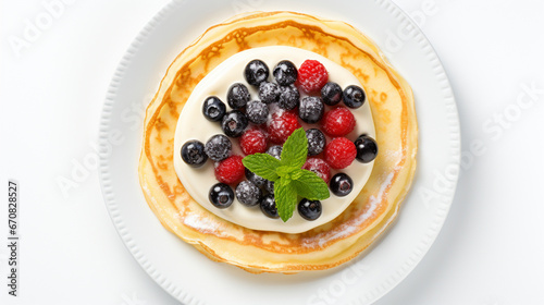 Decoration of Fresh Crepe and mixberry with white background and warm light for product presentation in top view. Created using generative AI.