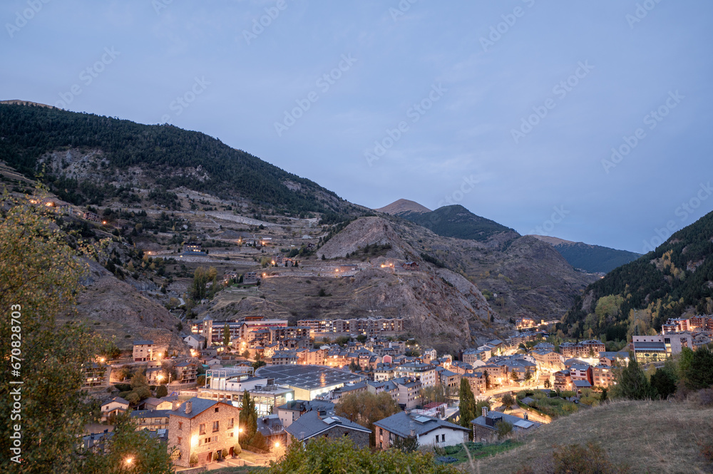 Urban landscape of the tourist city of Canillo in Andorra in autumn