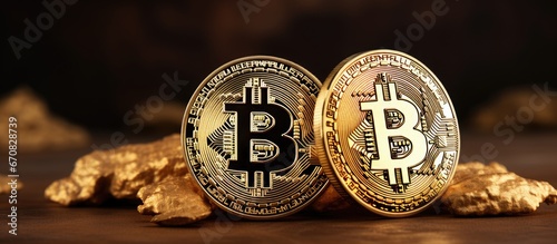 Bitcoin mining concept illustrated with two golden bitcoins on a yellow gold surface photo