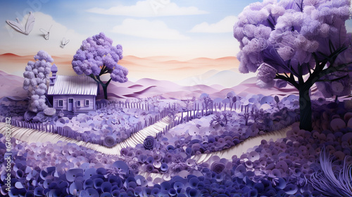 Little home with purple lavender field and mountain in paper art design concept. Created using generative AI. © Sun