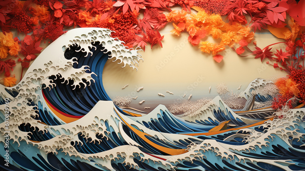 Ocean and wave landscape in autumn season with red maple in paper art and craft design concept. Created using generative AI. Ocean and wave landscape in autumn season with red maple in paper art and craft design concept. Created using generative AI.