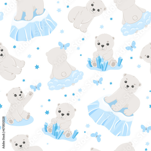 Seamless pattern with cute polar baby bear. Vector cartoon hand drawn childish pattern for kids or newborn. Funny little animal on white background