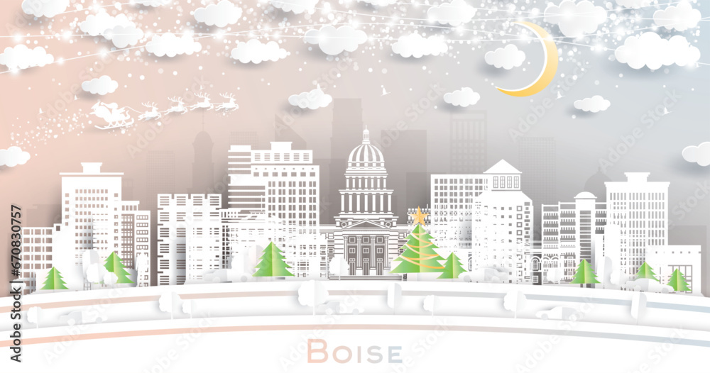 Boise Idaho. Winter city skyline in paper cut style with snowflakes, moon and neon garland. Christmas and new year concept. Santa Claus. Boise USA cityscape with landmarks.