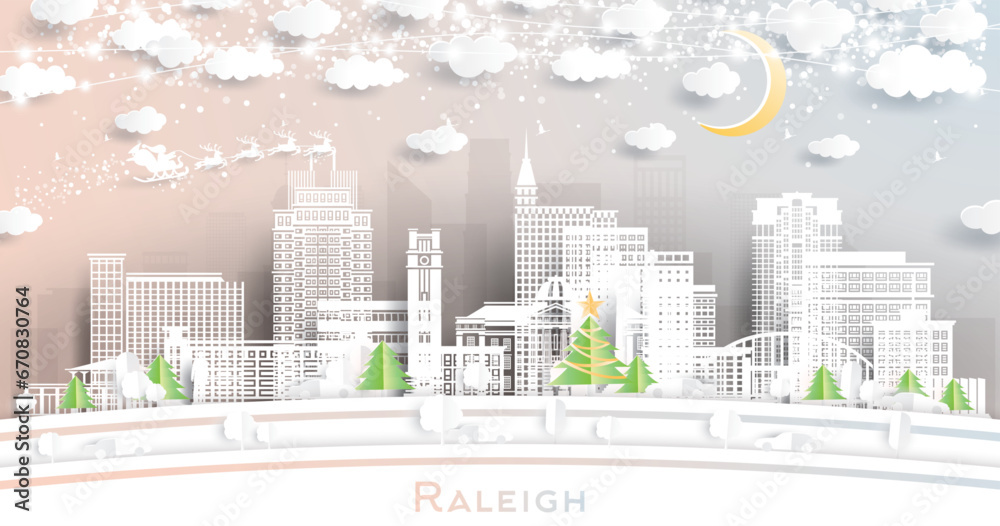 Raleigh North Carolina. Winter city skyline in paper cut style with snowflakes, moon and neon garland. Christmas, new year concept. Santa Claus. Raleigh USA cityscape with landmarks. Raleigh North Carolina. Winter city skyline in paper cut style with snowflakes, moon and neon garland. Christmas, new year concept. Santa Claus. Raleigh USA cityscape with landmarks.