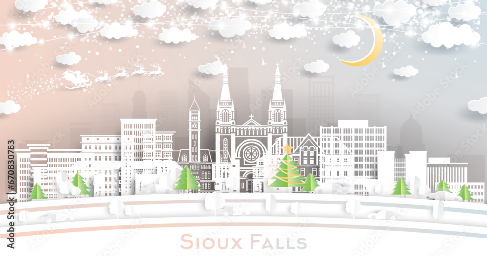Sioux Falls South Dakota. Winter city skyline in paper cut style with snowflakes, moon and neon garland. Christmas, new year concept. Santa Claus. Sioux Falls USA cityscape with landmarks.