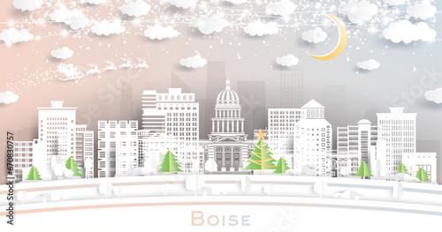Boise Idaho. Winter city skyline in paper cut style with snowflakes, moon and neon garland. Christmas and new year concept. Santa Claus. Boise USA cityscape with landmarks.