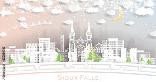 Sioux Falls South Dakota. Winter city skyline in paper cut style with snowflakes, moon and neon garland. Christmas, new year concept. Santa Claus. Sioux Falls USA cityscape with landmarks.