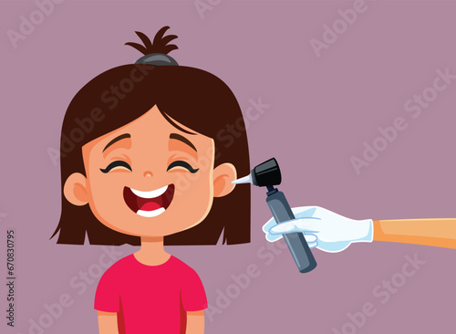 Little Girl Submitted to an Ear Check Vector Cartoon Illustration. Happy child checking her hearing at the doctor 
