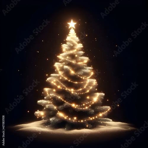 Christmas pine tree with glowing lights and snow on black background