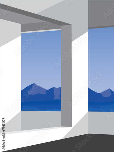 illustrator building Construction lanscape with sea mountain and sky