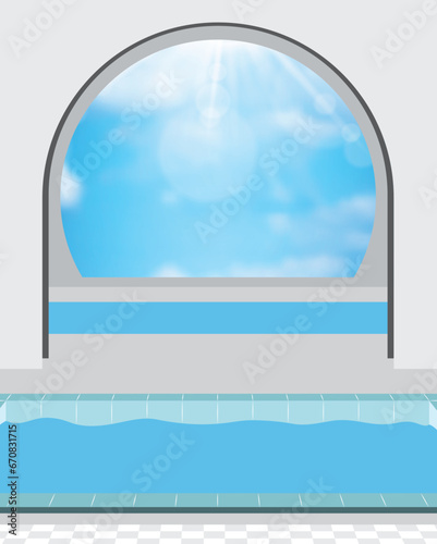 illustrator curved wall design with Swimming pool and bright sky