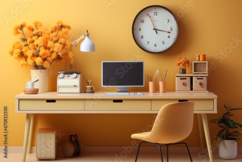 Pastel beige office desk with a pastel yellow desktop computer, creating a balanced and modern office setup, Generative AI
