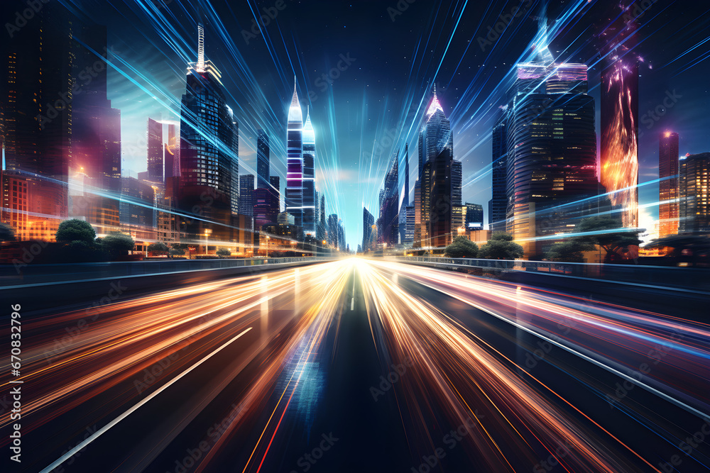 Concept of next generation technology, 3D rendering showcasing warp speed in a hyper loop at night, with blurred light from buildings in a mega city, Includes aspects of fintech, big data, 5G network
