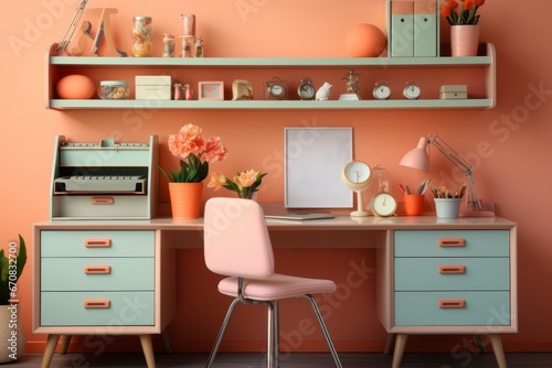 Pastel blue office desk with a sleek pastel pink chair, creating a calming and modern workspace, Generative AI