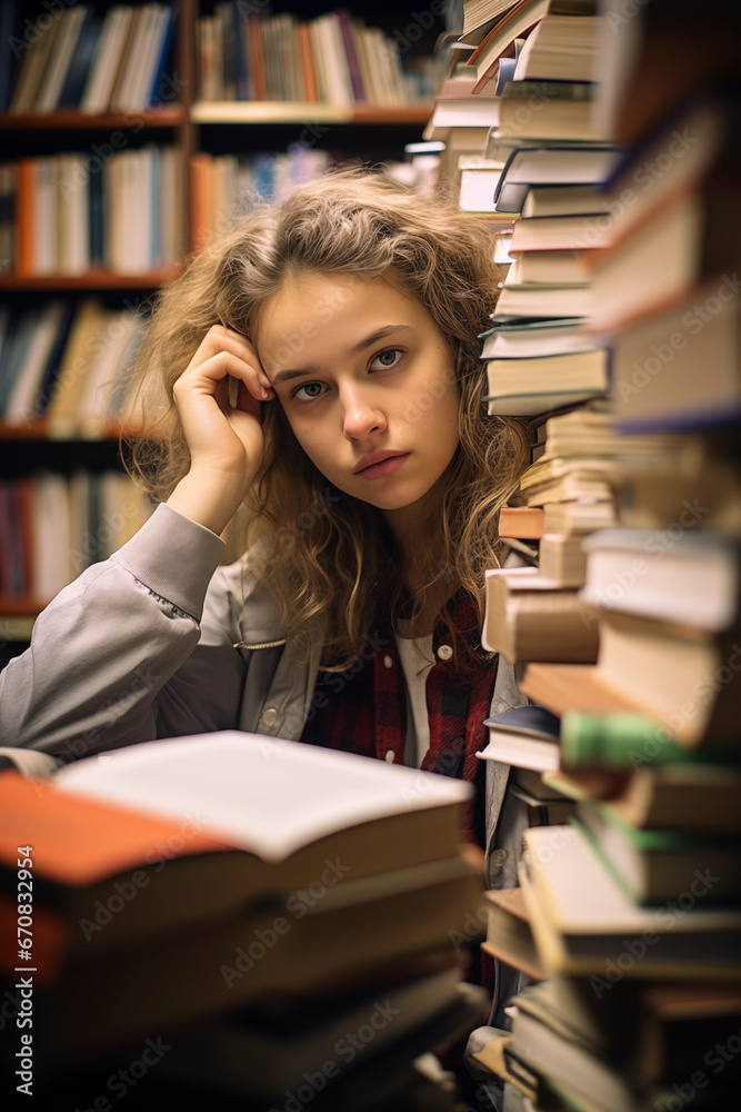 College student girl reading book in library College student girl reading book in library