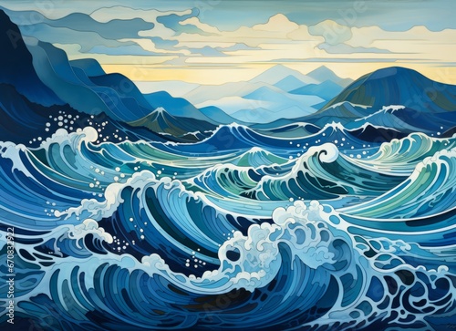An abstract illustration of a wave in the ocean. A Majestic Wave Crashing in the Vast Ocean of Tranquility