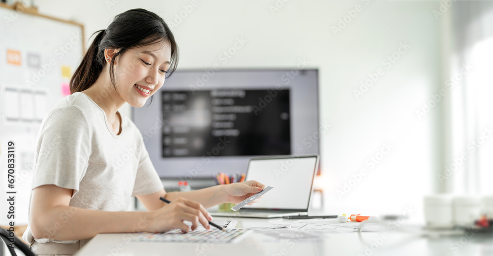 Portrait of happy and successful female designer inside office at workplace, worker smiling businesswoman is satisfied with results of achievements at work Portrait of happy and successful female designer inside office at workplace, worker smiling businesswoman is satisfied with results of achievements at work