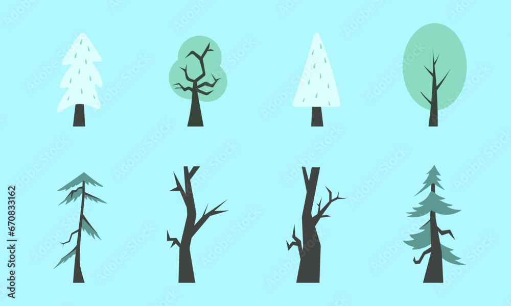 winter trees, vector isolated illustration of trees, leaves, fir trees, shrubs, sun, snow and clouds, winter elements of nature to create a landscape