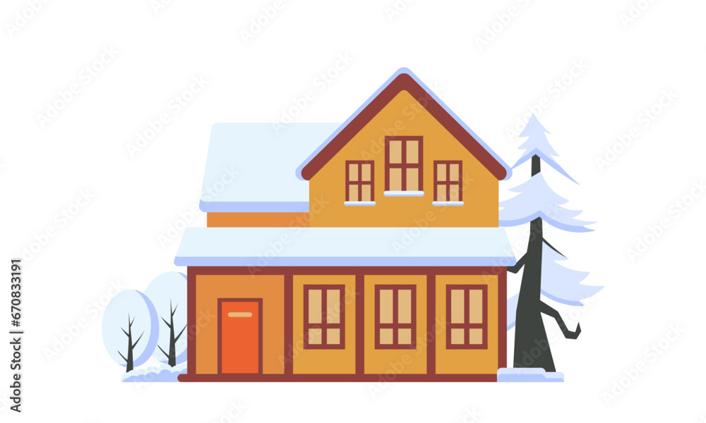 Cute winter landscape. Winter banner. Lovely houses in a snowy valley. Horizontal landscape. Winter Cabin Illustration