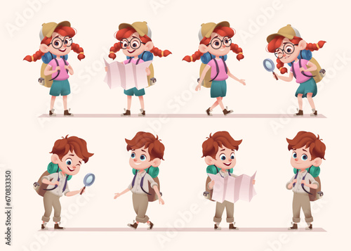 Cartoon characters boy and girl travelers, explorers young children