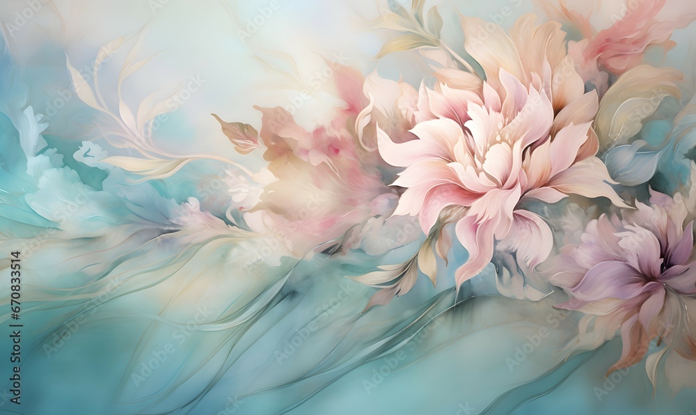 soft watercolor background with pink white flowers on blue