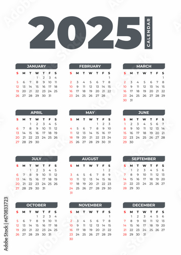 2025 Basic Calendar in White Background
