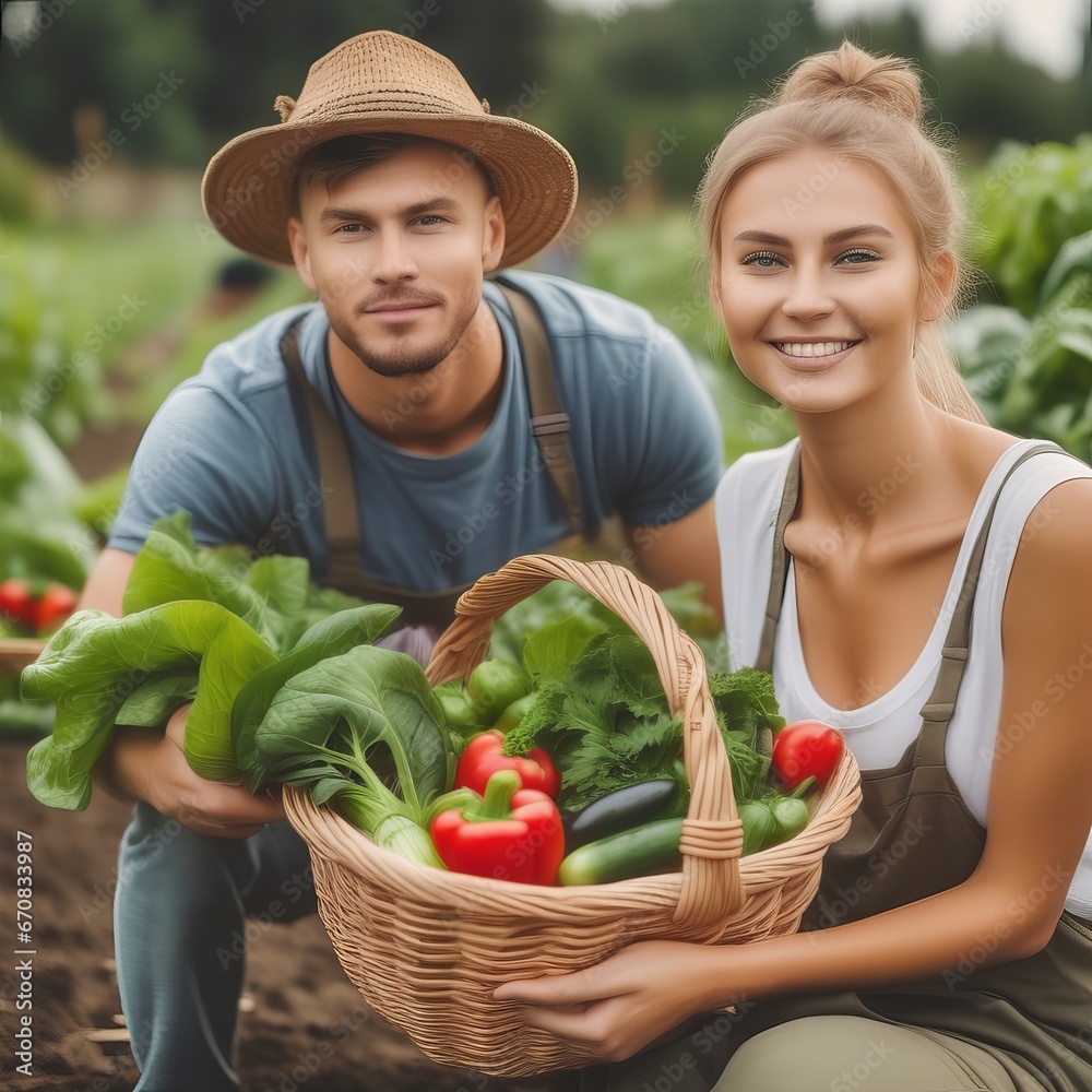 Caucasian couple pick vegetables outdoor Caucasian couple pick vegetables outdoor