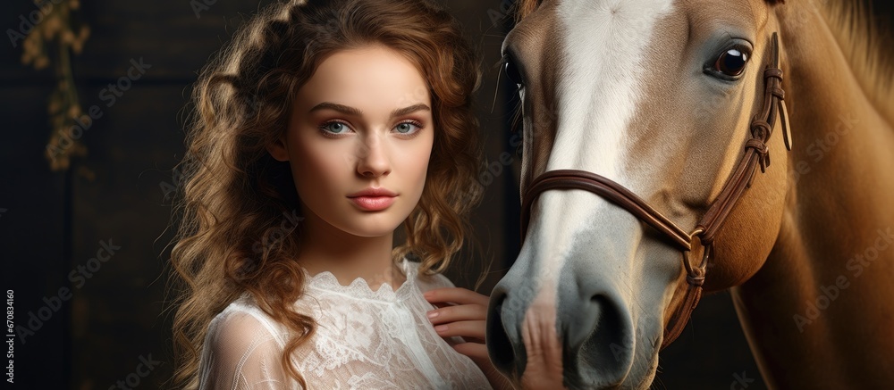 A lovely young lady accompanied by a horse