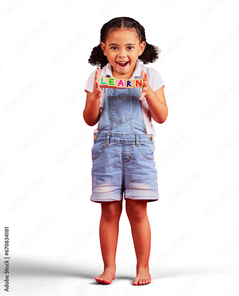 Learn blocks, education and portrait of child standing isolated on a transparent PNG background. Happy little girl or kid smile with wooden letters for learning, reading or kindergarten knowledge Learn blocks, education and portrait of child standing isolated on a transparent PNG background. Happy little girl or kid smile with wooden letters for learning, reading or kindergarten knowledge