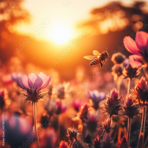 A bee flying over a field of flowers at sunset © Sohel