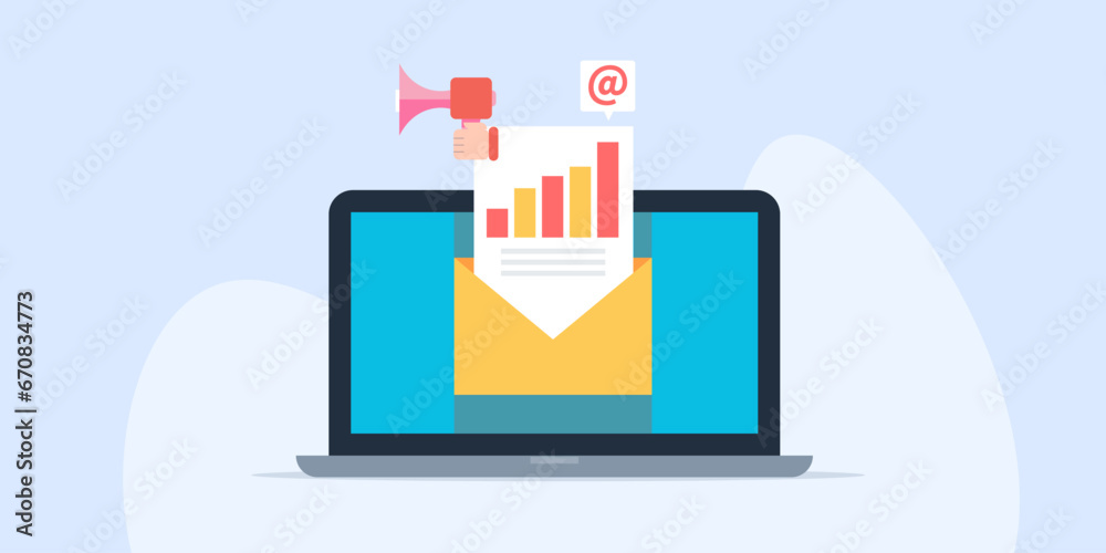 Increase digital sales graph with email marketing campaign, e-business technology, online message communication, business report on laptop screen, vector illustration web banner. Increase digital sales graph with email marketing campaign, e-business technology, online message communication, business report on laptop screen, vector illustration web banner.