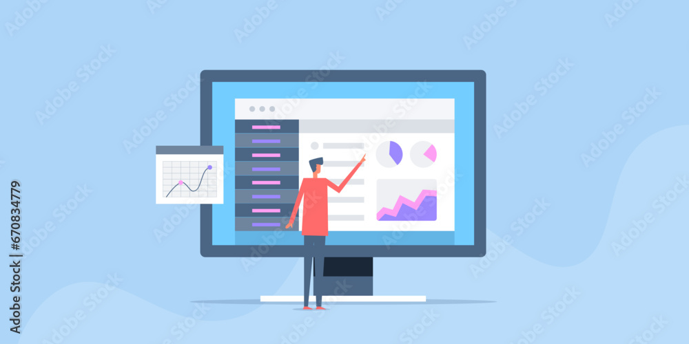 Business dashboard financial data on display screen, data management technology, businessman understands growth, sales operation and marketing activity on virtual report. Vector illustration. Business dashboard financial data on display screen, data management technology, businessman understands growth, sales operation and marketing activity on virtual report. Vector illustration.