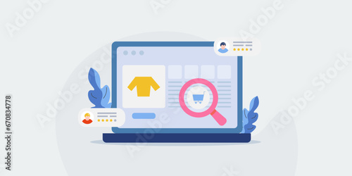 Online shopping concept, ecommerce business website open on laptop screen, searching product online with customer comment review, vector illustration web banner.