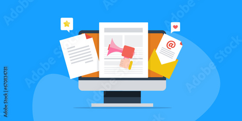 Digital content creation, blog management and social media marketing, email promotion business communication conceptual vector illustration web banner.
