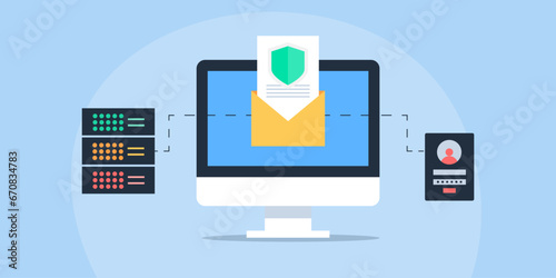 Secure email database, online message cyber security data protection technology, encrypted email message communication. Email server hosting conceptual vector illustration. photo