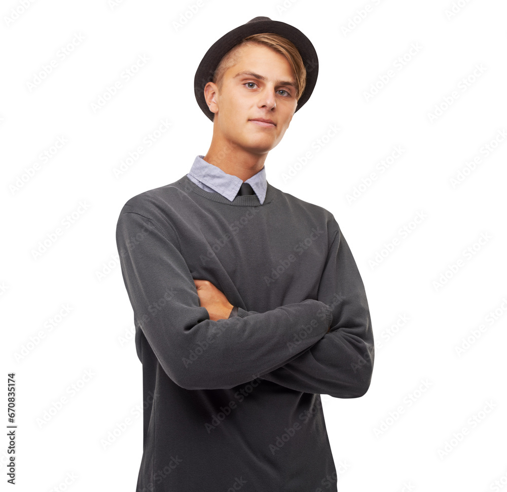Fashion, confidence and portrait of man with crossed arms on isolated, png and transparent background. Confident, style and happy male person with hat in trendy outfit, stylish and casual clothes Fashion, confidence and portrait of man with crossed arms on isolated, png and transparent background. Confident, style and happy male person with hat in trendy outfit, stylish and casual clothes