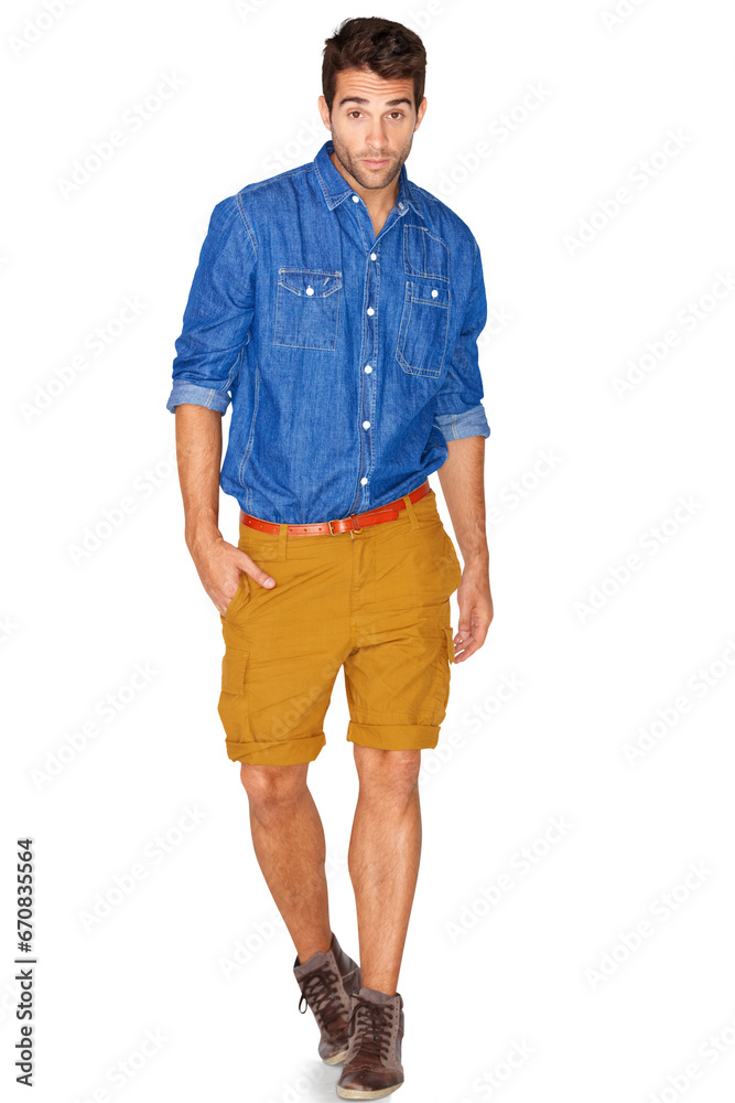 Fototapeta premium Portrait, fashion and walking with a hipster man isolated on a transparent background for trendy style. Clothes, confident and denim with a young male model standing hands in pockets on PNG alone